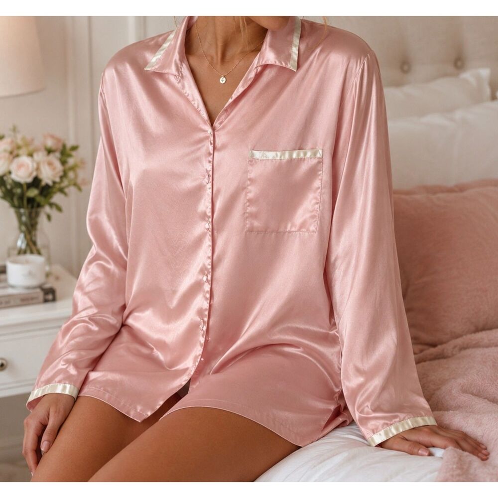 Vtg Victoria's Secret Gold Label Pajama Top Medium M Pink Satin Sleep Shirt 90s
